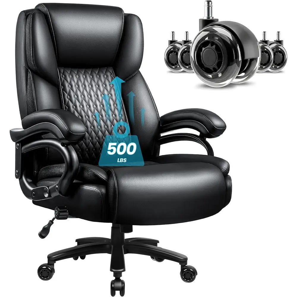 

Ergonomic High-Back Leather Office Chair for Heavy Duty Use, 500lbs Capacity, with Lumbar Support and Padded Seat, Black