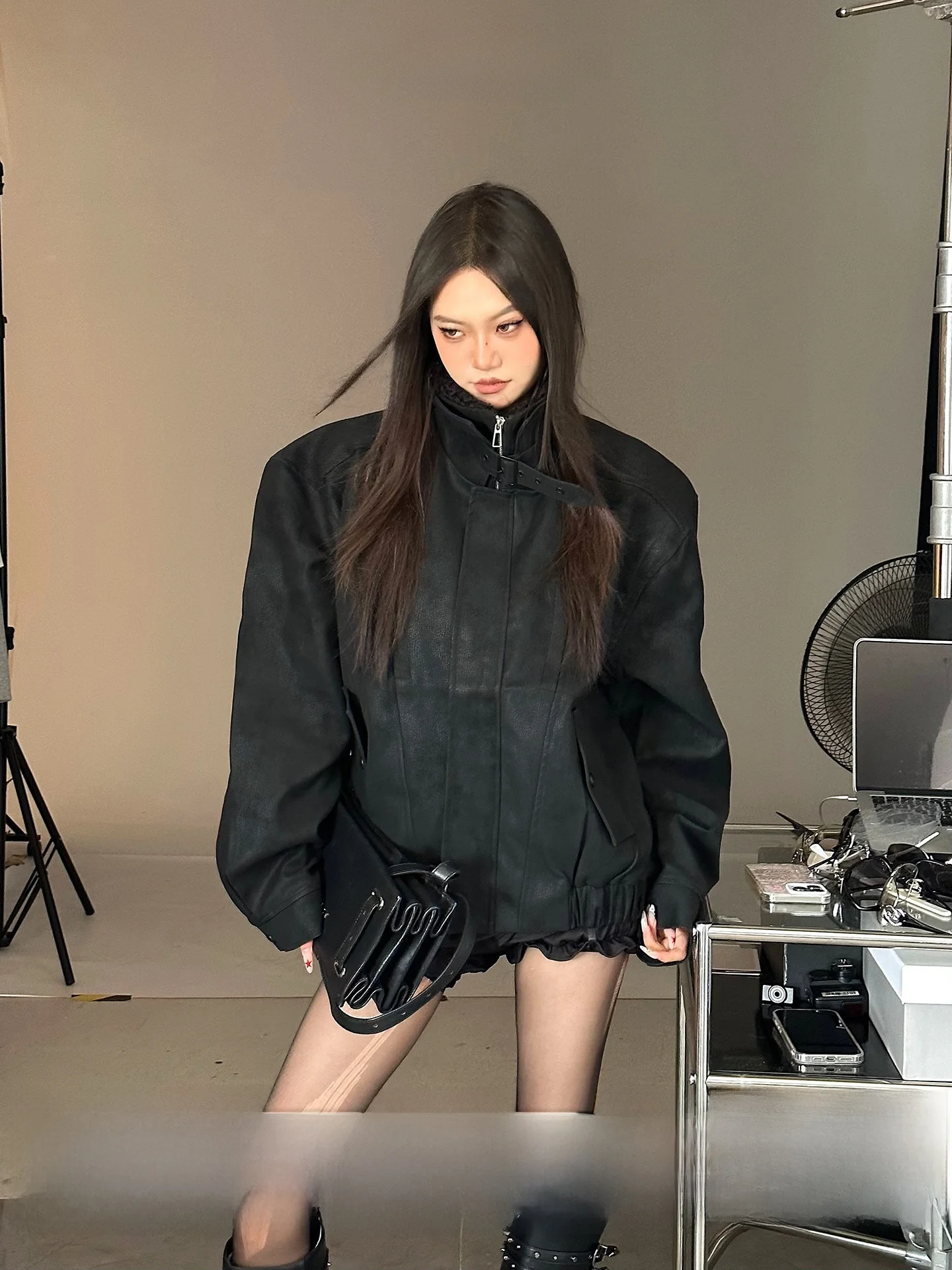 

CCUP SPACE American Retro Bla High Street Свободные длинные све воротник-стойка Мотоциклетная куртка Верхняя одежда с застежкой-молнией ...