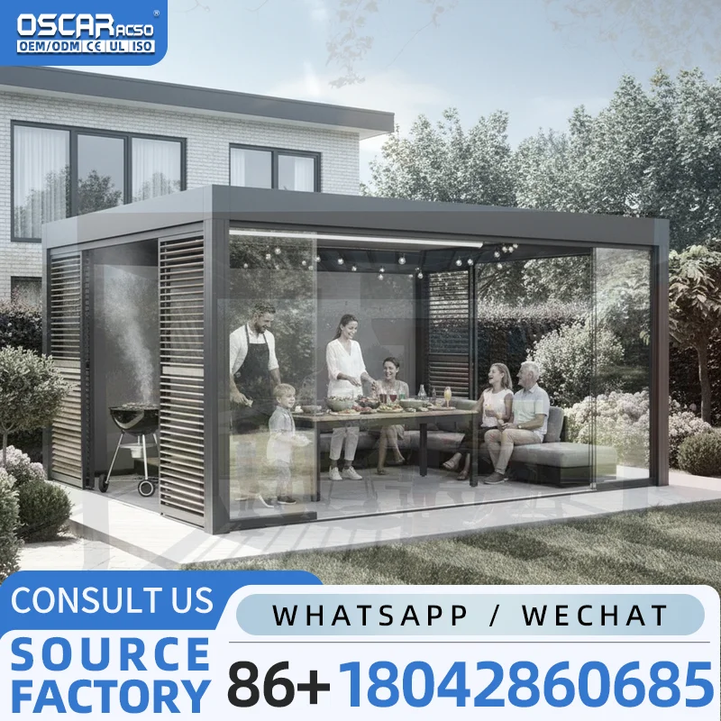 Customize Made Outdoor Aluminium Pergola Smart Opening Metal Louver Roof Waterproof Windproof Gazebo for Garden Patio Backyard p