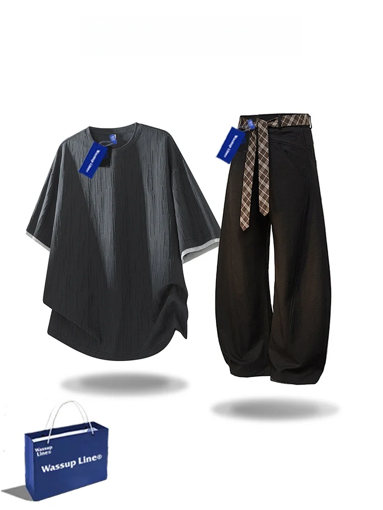 wassup-line-casual-loose-sportswear-set-for-men-summer-short-sleeve-fashionable-polyester-long-pants-youth-summer-outfit
