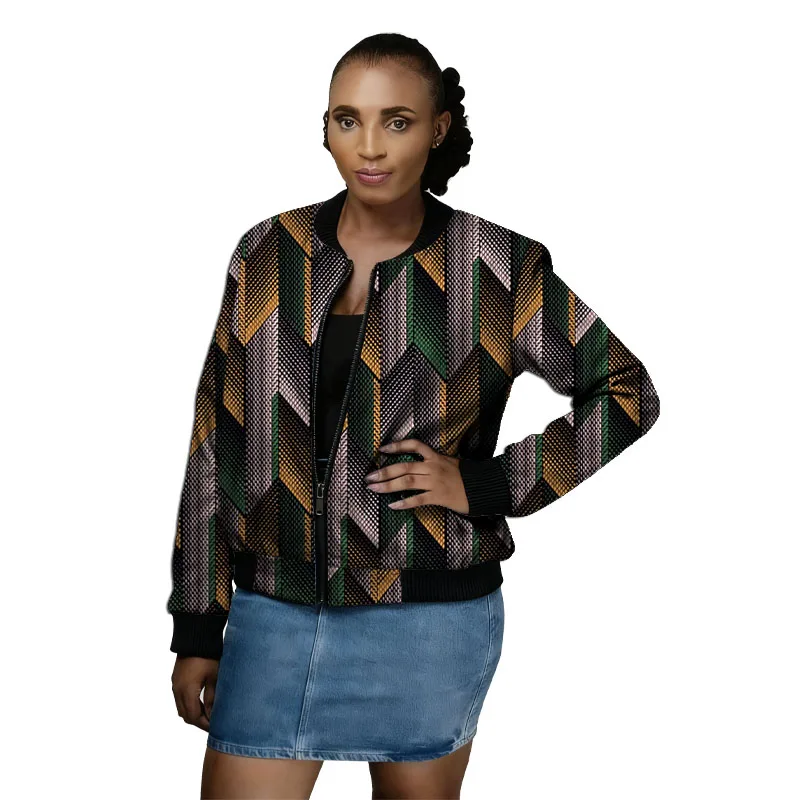 

Original Design Pattern African Couture Women's Bomber Jacket Abstract Print Ankara Outfit Stand Collar Short Coat