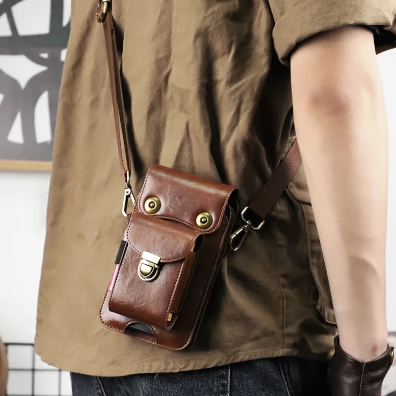 Men Cowhide Leather Shoulder Crossbody Bag Waist Fanny Pack Male Belt Bum Bag For Travel Casual Phone Messenger Handbags