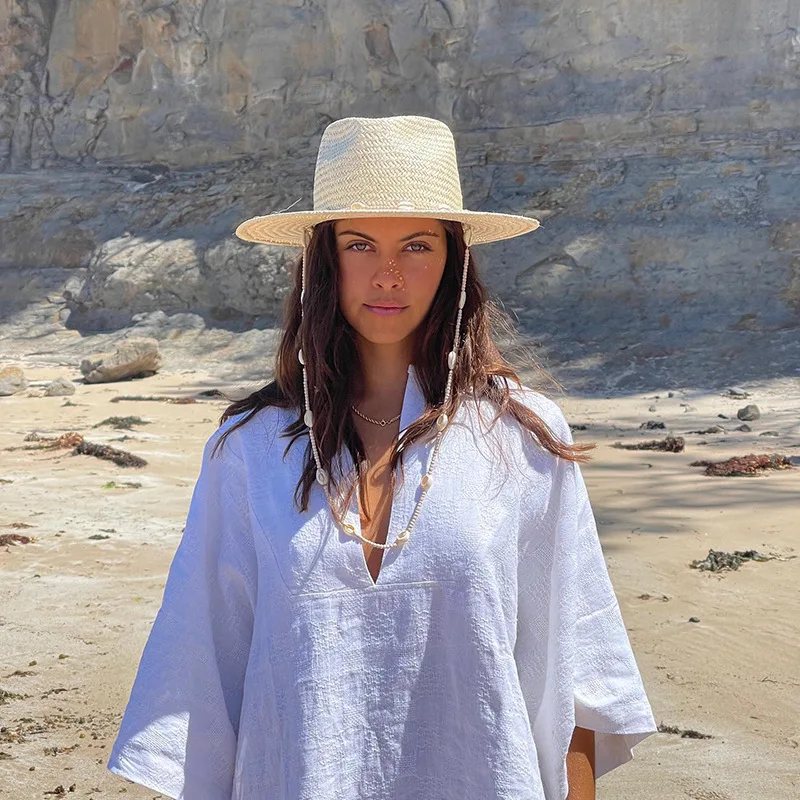 Unisex Summer Shell Chain Paper Straw Panama Hat Beach Sun Protection Cap