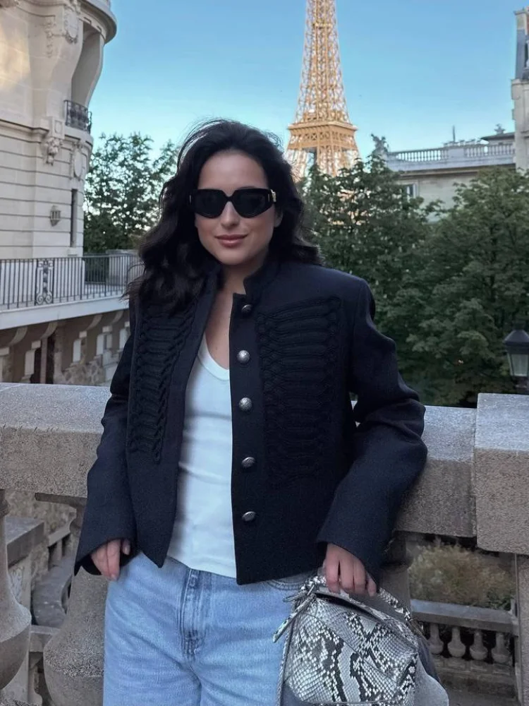 Vintage Women Stand Collar Jacket Single Breasted Long Sleeve Napoleon Style Female Coat Chic Top Party High Street 2026 New