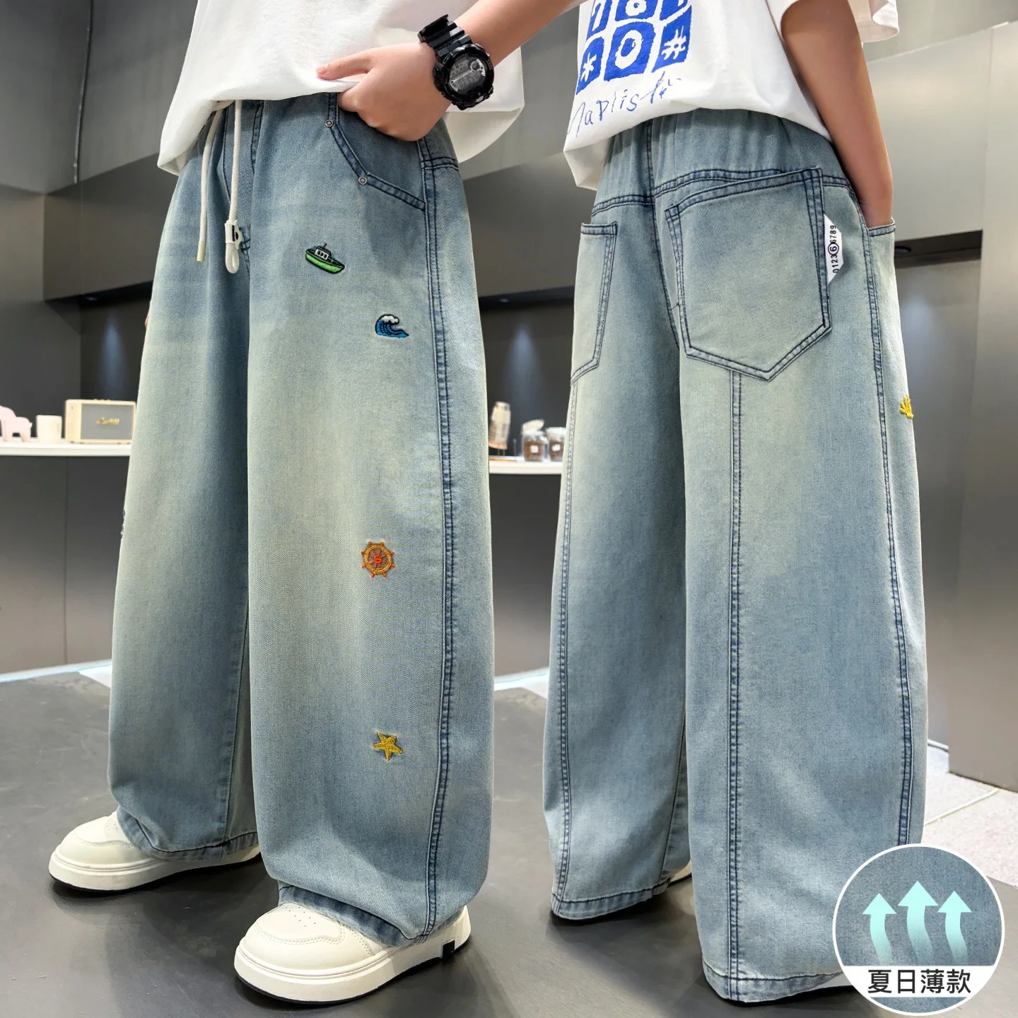 Teen Boys Denim Pants Summer thin New Embroidery Wide Leg Jeans For 5 6 8 10 12 14 Years Children Stylish Trousers