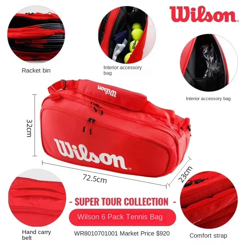 Wilson 2023 Super Tour Pro Staff 6-9 Pack Fine-knit Coating Tennis Bag 3 Decks Racket Backpack Racquet Bag with Thermoguard Red