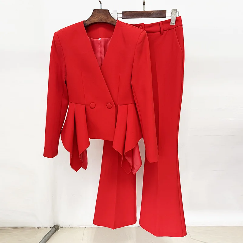 Sexy Red V Neck Ruffles Design Blazer + Flare Pants Set Women Pants Two  Piece Sets Single Button Jacket Set Party Evening Club