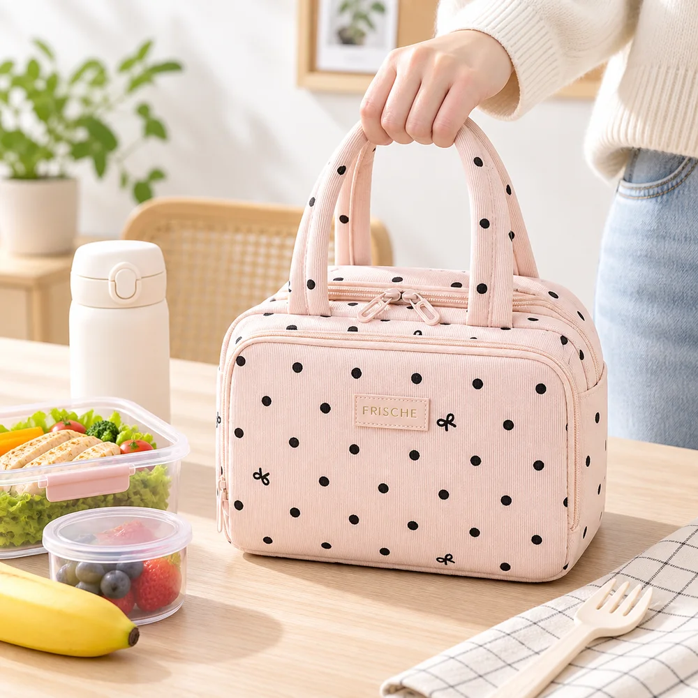 Portable Insulated Lunch Bag Large Capacity Polyester Lunch Pack Handheld Style Double Handles Thermal Lunch Tote School Meals