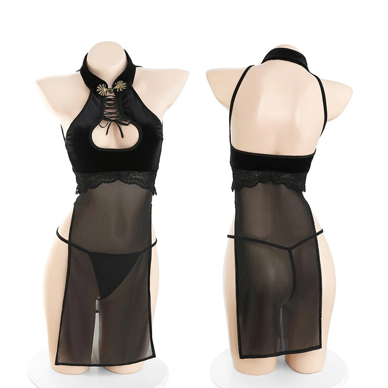 Uniforme de malla calado de Anime para mujer, Cosplay sexual, Cheongsam de terciopelo, perspectiva, traje, ropa interior, Bar, disfraz de Halloween