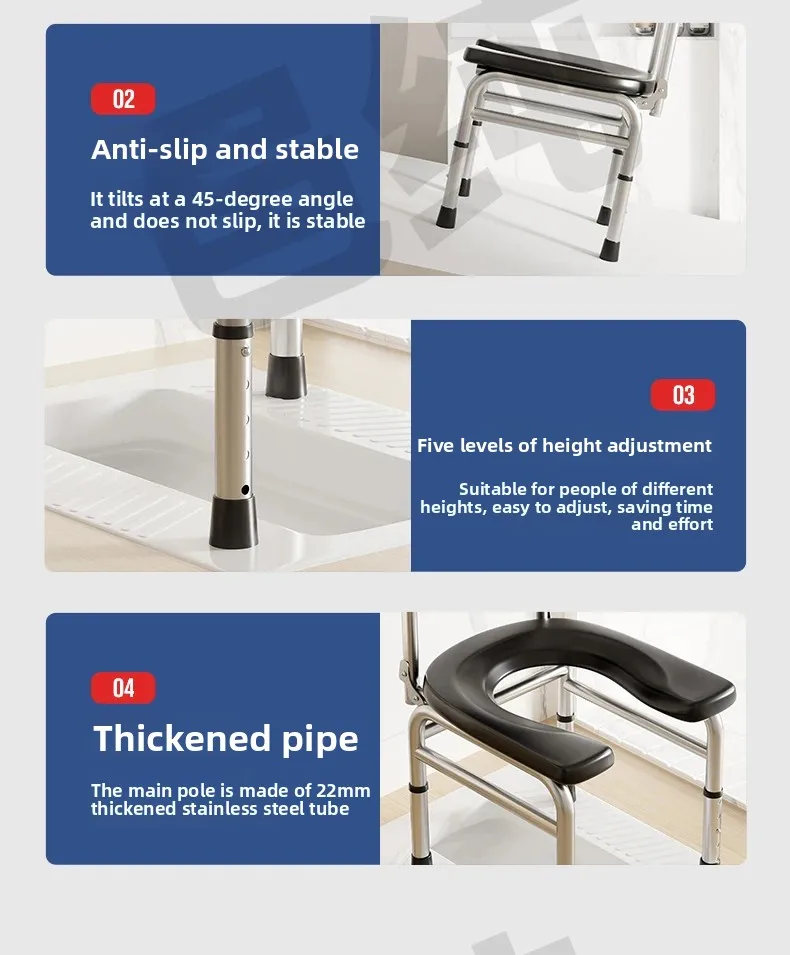 Adjustable Shower Chair, Foldable Toilet Seat Riser, Stainless Steel Commode,Portable Bathroom Stool for Elderly&Pregnancy Care