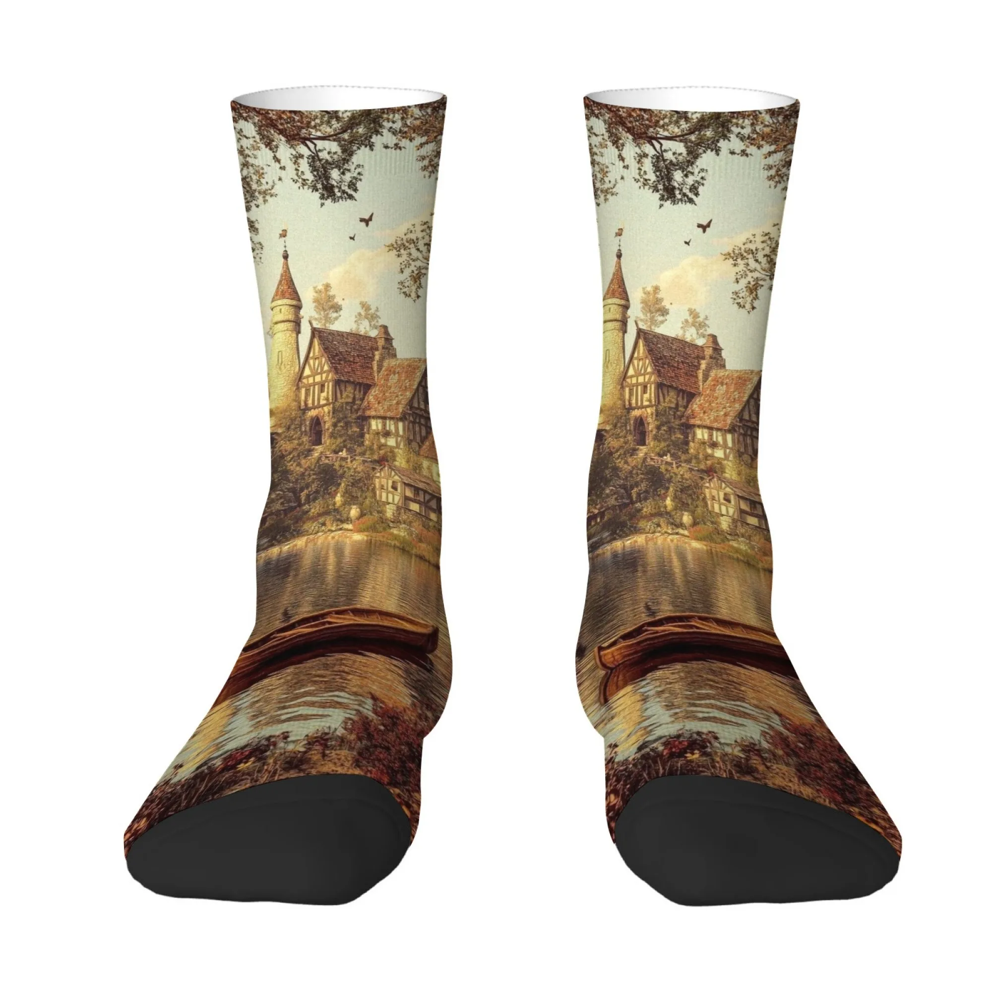Medieval Lakeside Town Vintage Fashion Socks Novelty Funny Men's Socks Comfortable Breathable Outdoor Travel Sports Socks Gift