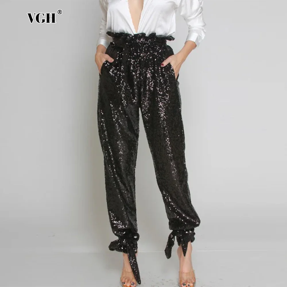 VGH Solid Spliced Sequins Casual Trousers For Women High Waist Spliced Lace Up Minimalist Loose Pencil Pants Female Fashion New