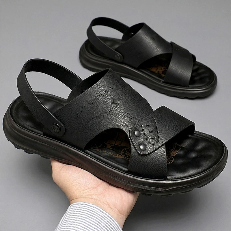 

Big Size Men 2 In 1 Leather Sandals Thick Cushion Sole Non Slip Summer Outdoor Casual Walking Flip Footwear Zapatillas Hombre