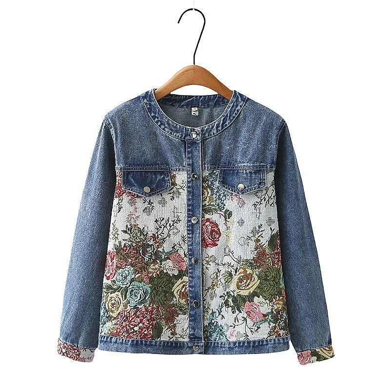 

2025 Spring And Autumn New Vintage Printed Long Sleeve Round Neck Cowboy Jacket For Women Short And Versatile Top Jacket