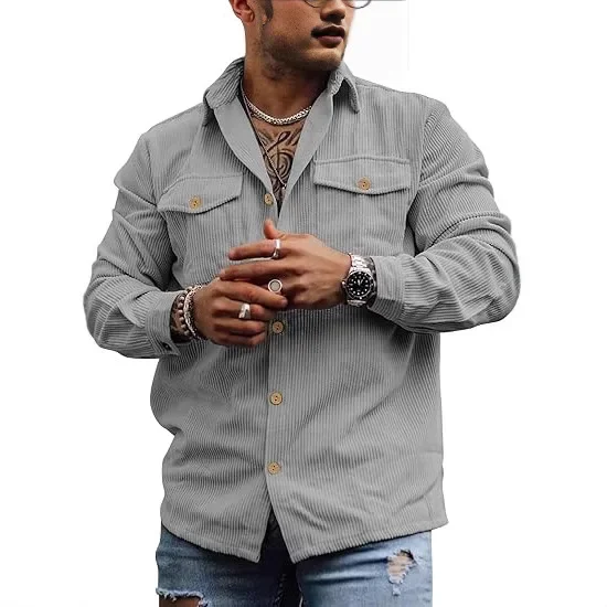 Pop Men Corduroy Button Jacket Long Sleeved Striped Casual Retro Double Pocket Work Top Shirt