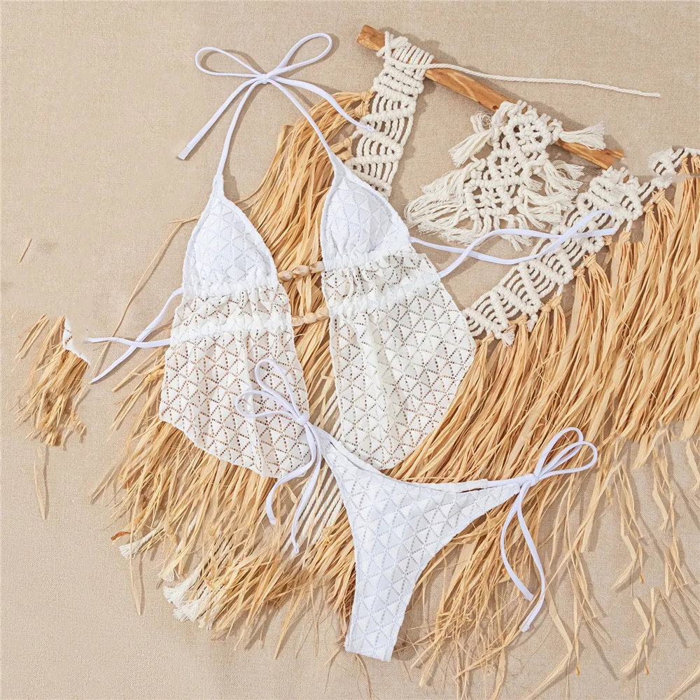 

Белые кружевные укороченные топы, микро-стринги, бикини, купальник с лямкой на шее, бисер, сексуальный купальник, женский купальник 2026, купальный костюм, комплекты бикини de mujer