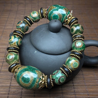Ethnic Style Buddhist Prayer Beaded Bracelet Natural Tibetan Old Agate Three Eyes Dzi Bead Bracelet Men Stone Bracelet Jewelry