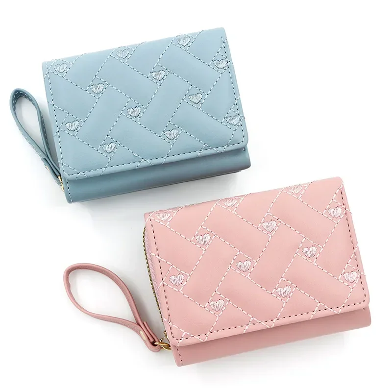

Cute Women Small Wallets Heart Embroidery Kawaii Short Wallet Luxury Designer Ladies Purse Pink Girls Leather Coin Purse