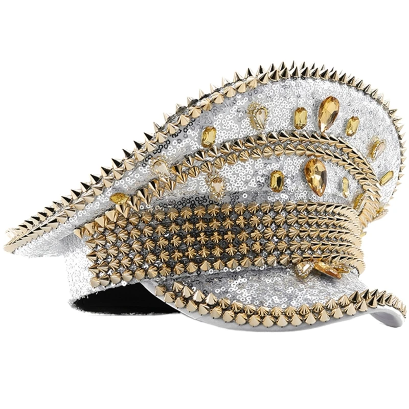 

1PC Glitter Captain Hat with Heavy Crystal Sequins & Rivets,Bachelorette Party Bride Hat,Stage Performance Costume for Actor