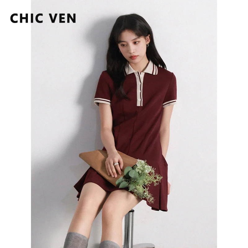 

CHIC VEN Women Dresses A Line Loose Casual Contrast Polo Short Sleeved Girl Dress Pleats Female Sports Coat Spring Summer 2025