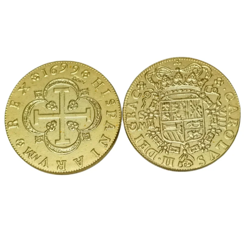 Réplica de Moneda de 8 Escudos de España de 1699, Carlos II, Sevilla, Moneda Histórica Dorada de Colección