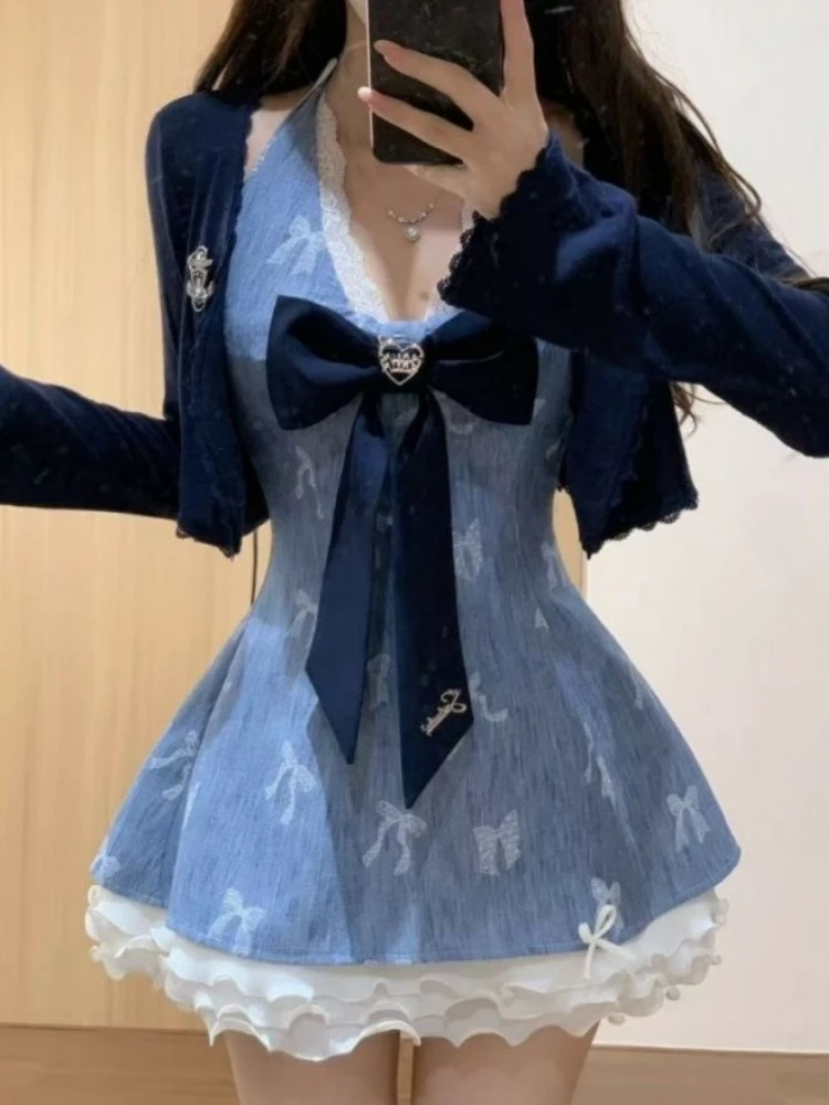 Y2k Ästhetische Retro Süße 2-teiliges Set Frauen Vintage Neckholder Kleid + Langarm Strickjacke Harajuku Chic Koreanische Beliebte Kleidung
