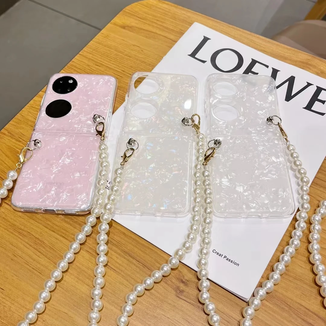 Fashion Pearls Crossbody Necklace Phone Case For Huawei P50 Pocket Plastic Strap Lanyard Cord Holder TPU Cover