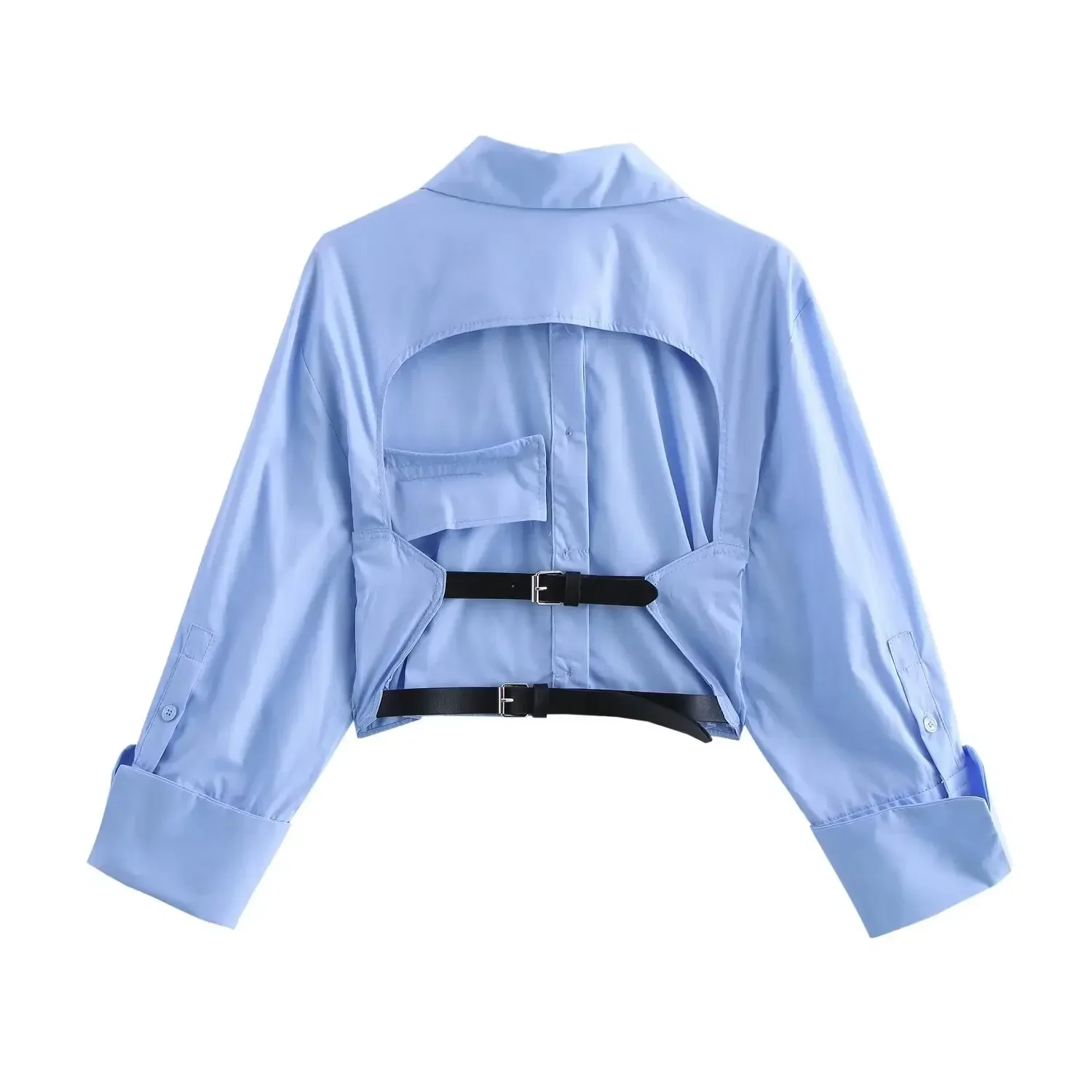 TRAF 2024 Autumn Woman Fashion Backless Waist Belt Poplin Shirt Casual Slim Female Long Sleeve Blouses Y2k Crop Tops 8400/260