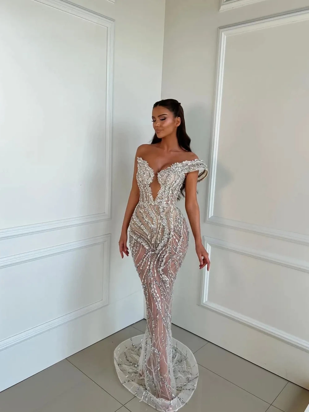 Sexy Illusion Deep V-neck Cocktail Dresses Sparkly Rhinestones Evening Dress Luxury Mermaid Prom Gown Customized Robe De Mariée