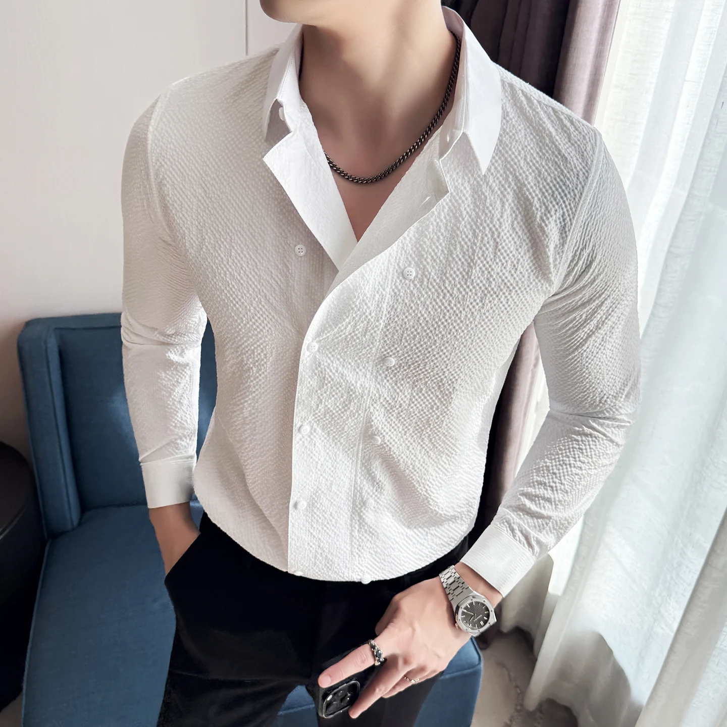 

Модные двубортные мужские рубашки, универсальные удобные деловые мужские повседневные рубашки с длинным рукавом, платье, приталенный смокинг для выпускного вечера 4XL