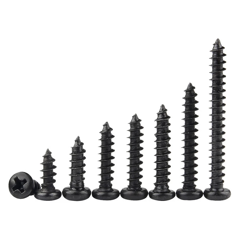 100pcs Cross Round Head Phillips Self-tapping Screws M1 M1.2 M1.4 M1.5 M1.7 M2 M2.3 M2.6 M3 M3.5 M4 Black Carbon Steel Screw