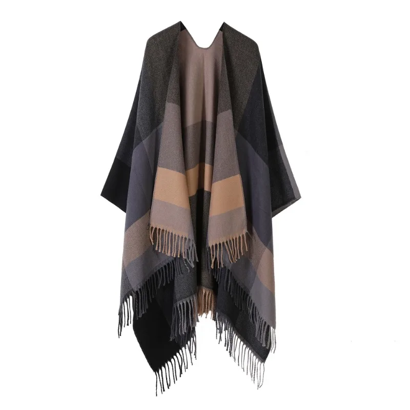 Gradient Colors Shawl Capes Printed Plaid Cardigan Loose Poncho Blanket Women Faux Cashmere Cloak Big Pendulum Out Streetwear