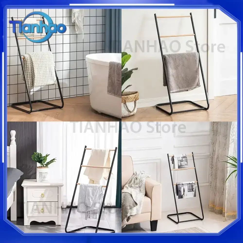 Metal Multilayer Hanging Rod for Bathroom for Simple Floor Shelf Vertical Towel Rack in Black Iron for Towels and Bathroom
