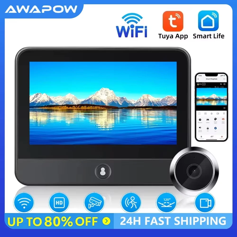 Awapow Tuya Wireless Radar Doorbell Wifi Door Peepholes Camera PIR Motion Detection 1080P Night Vision  4.3 Inch Rechargeable