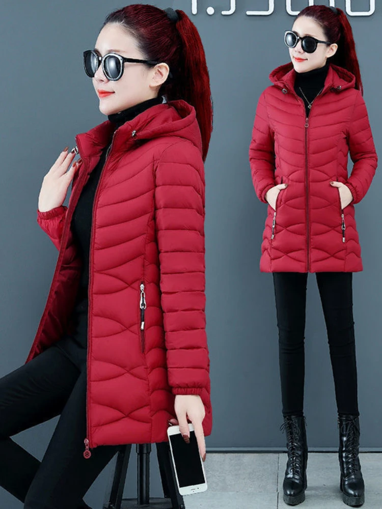 Ladies Long Warm Coat Women Ultra Light Down Cotton Jacket Women's Overcoats Hip-Length Hooded Winter 2025 Female Thick  Clothes