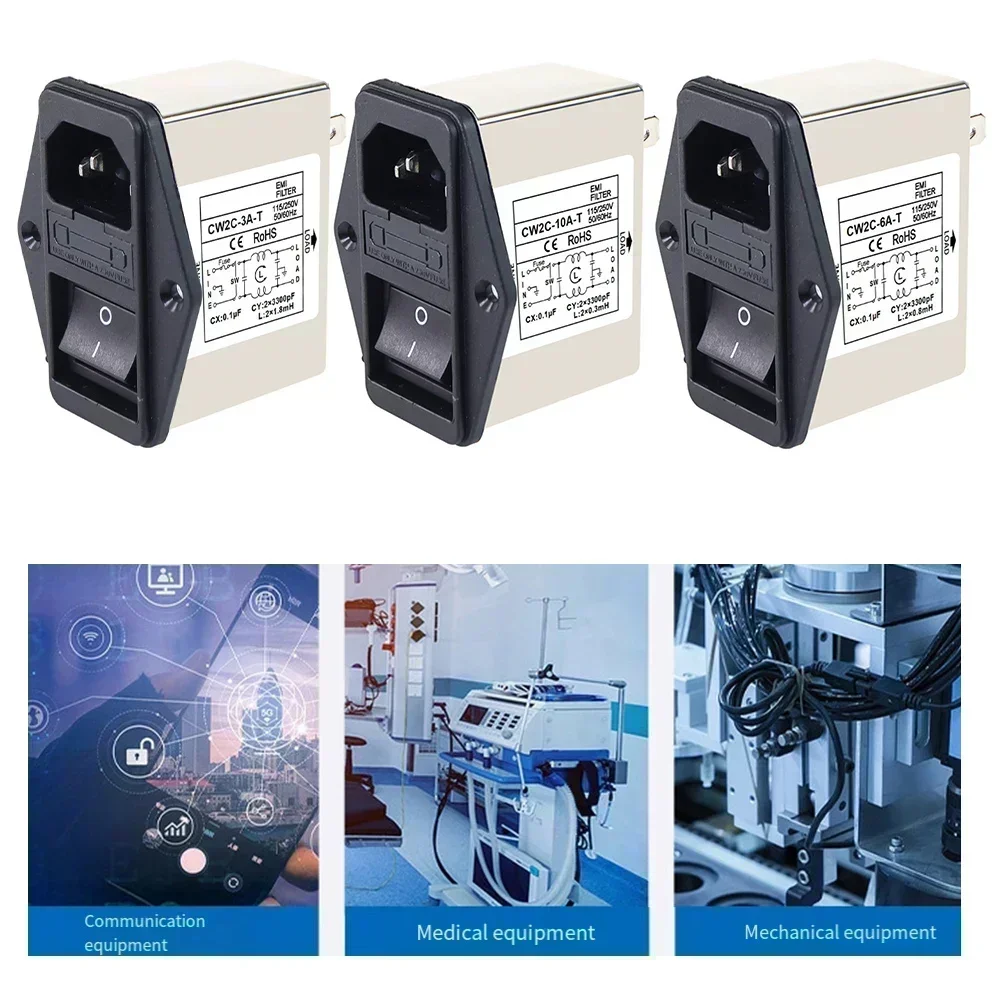 IEC Outlet Type Power Filter CW2C-3/6/10A-T Fuse Switch Rocker Switch 220V For Test Measurement Tool Accessory