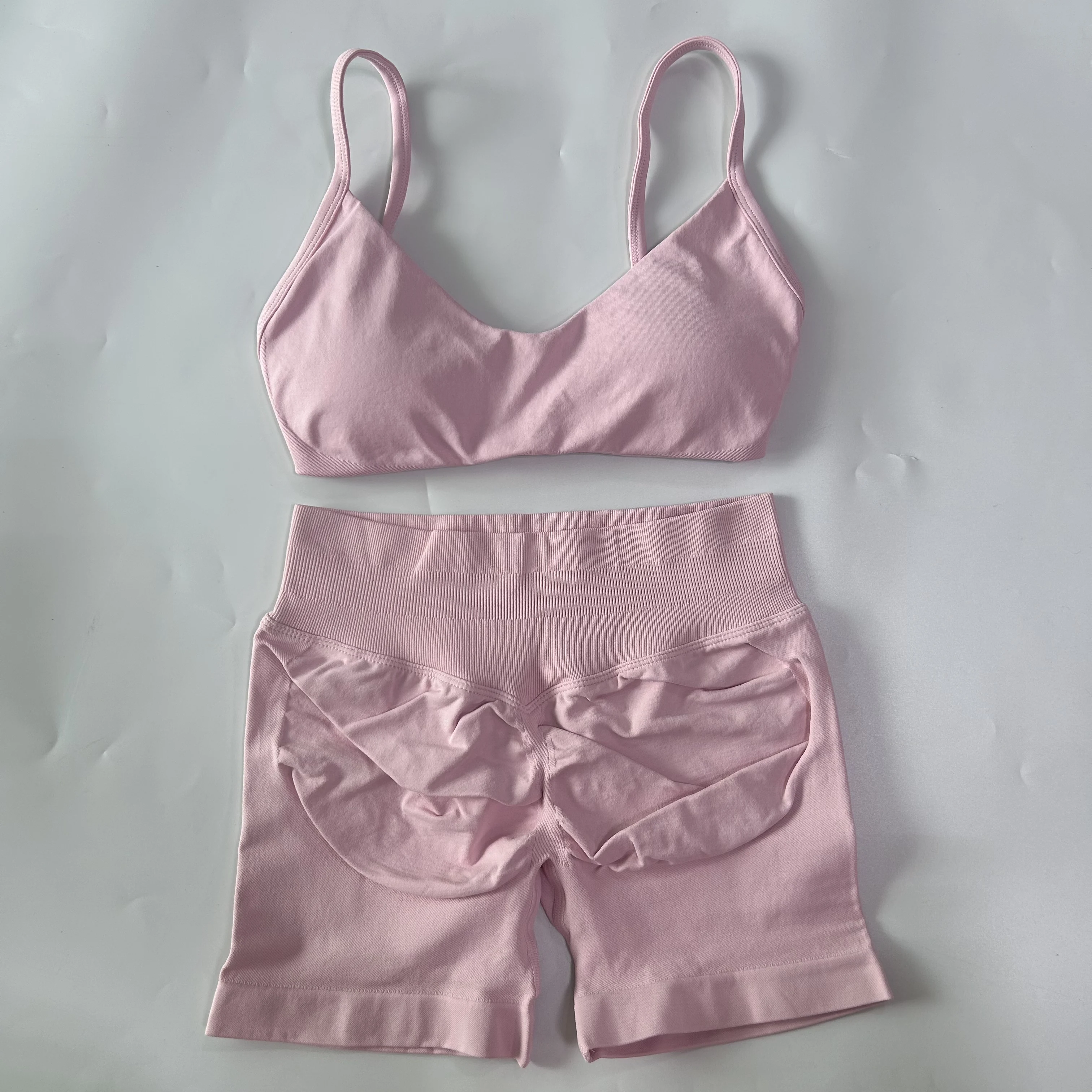 2-teiliges Set für Damen: Sport-BH mit Rundhalsausschnitt, nahtlose Scrunch-Yoga-Shorts, rückenfreies Fitness-Workout-Set, Sportbekleidung, Outfit – Detail 12