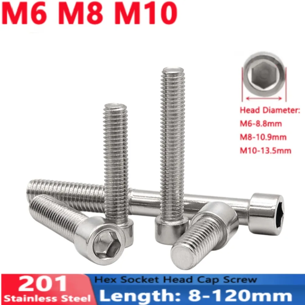 Винты с внутренним шестигранником M6, M8, M10 из нержавеющей стали 201, тонкие, с узким внешним диаметром, метрические крепежные элементы 8-120 мм