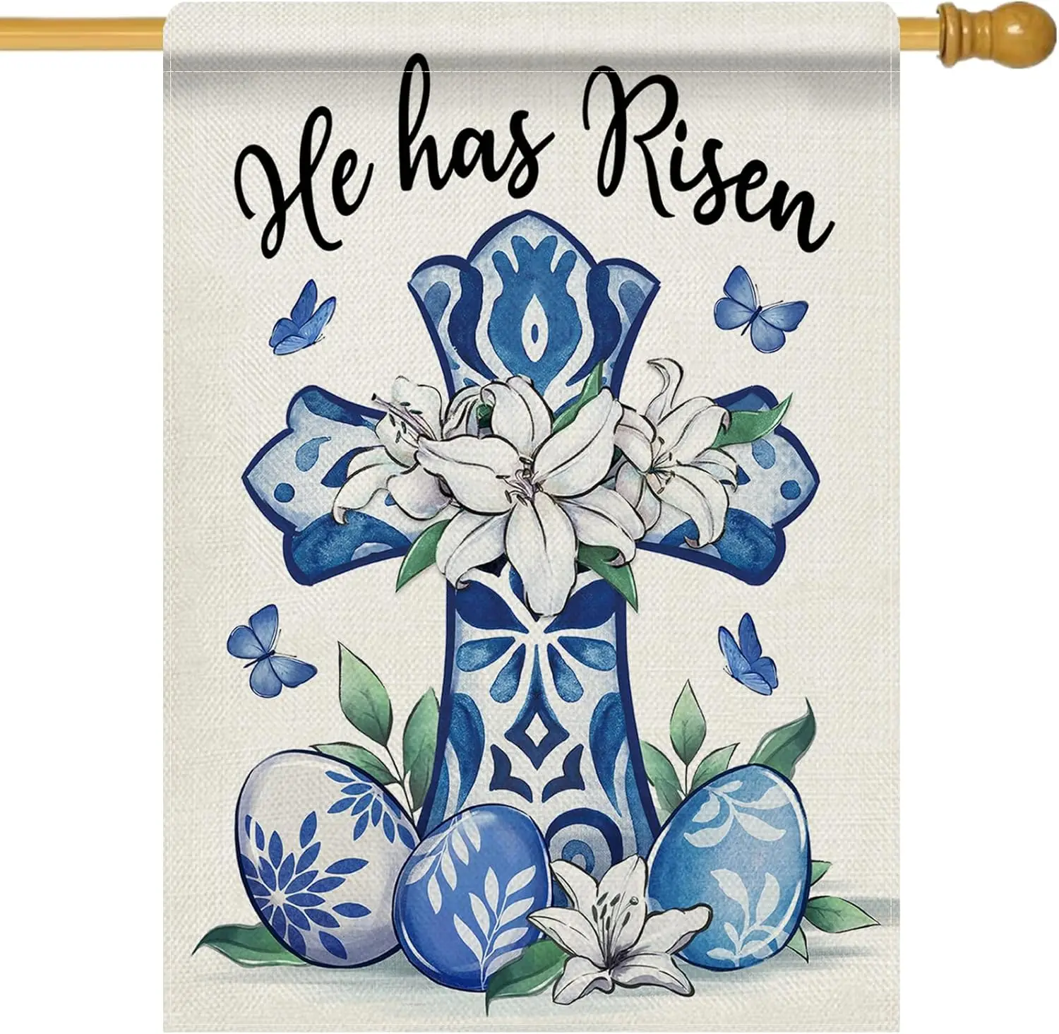 Dyrenson Christian Easter Cross Chinoiserie 28 x 40 House Flag Double Sided, Religious He Has Risen Blue and White Porcelain ZZM