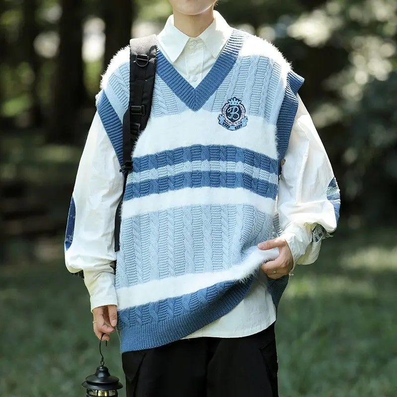 

Пуловер для пары, вязаный кардиган без рукавов, жилет, осенний японский стиль, v-образный вырез, свободный крой, модная верхняя одежда Academy с цветными блоками