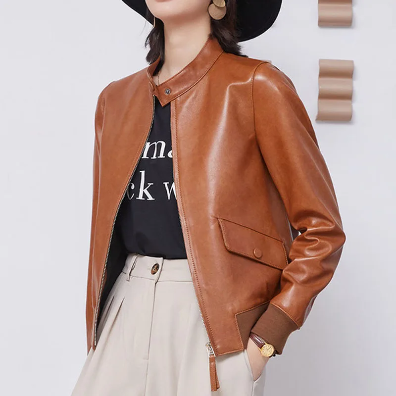 Real Sheepskin Leather Coat Women's Genuine Leather Casual Short Motorcycle Baseball Bomber Jacket Women Vintage Top Big Size