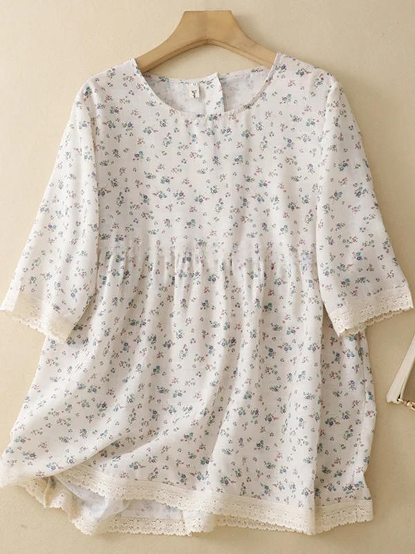 

Retro Floral ort Sve irt Women's Loose Slimming Age-Defng Lace Doll Top Spring Summer New Sle Comfortable Breathable