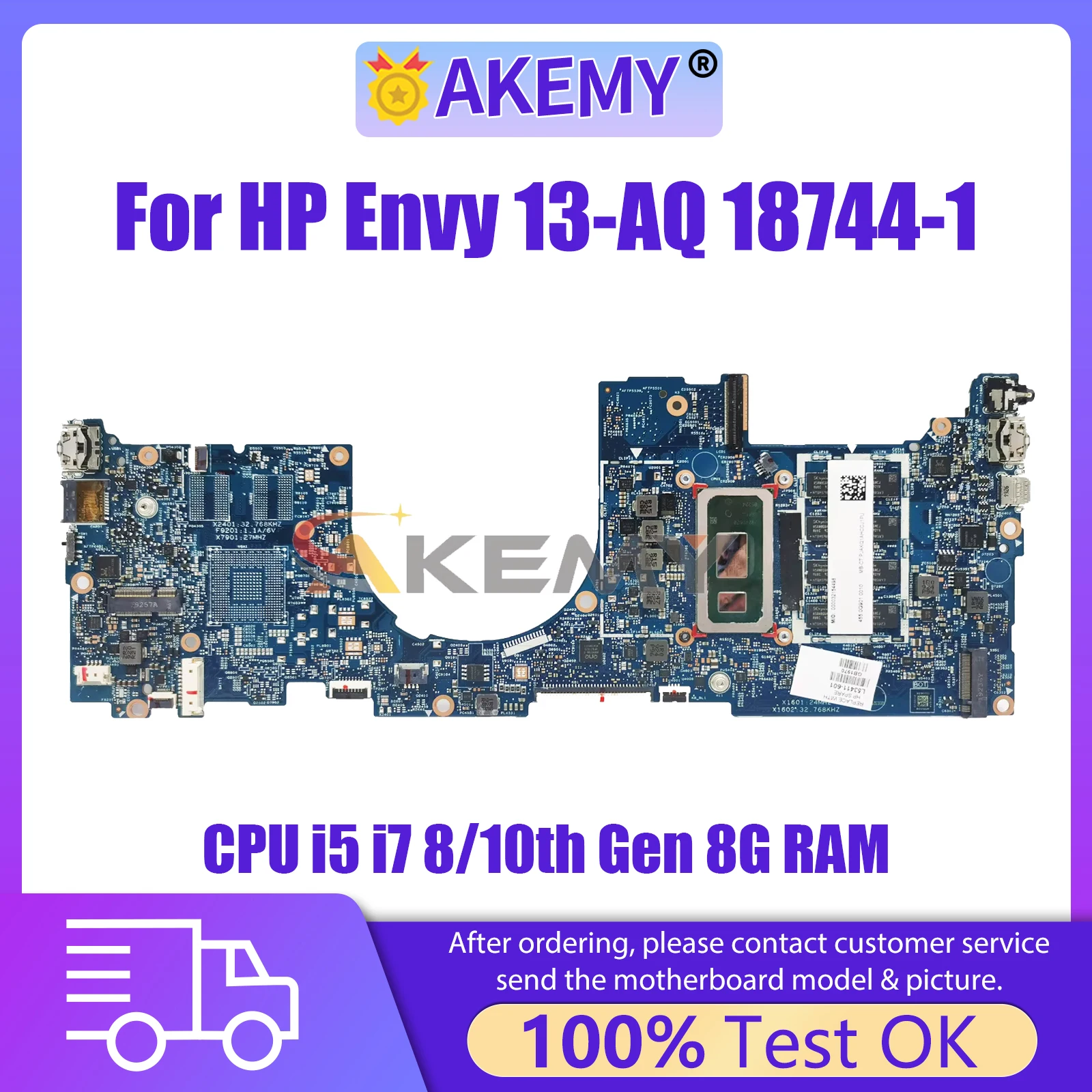 

AKEMY 18744-1 Laptop Motherboard For HP 13-AQ L53411-601 L53413-601 Notebook Mainboard CPU i5 i7 8/10th Gen 8G RAM Full Tested