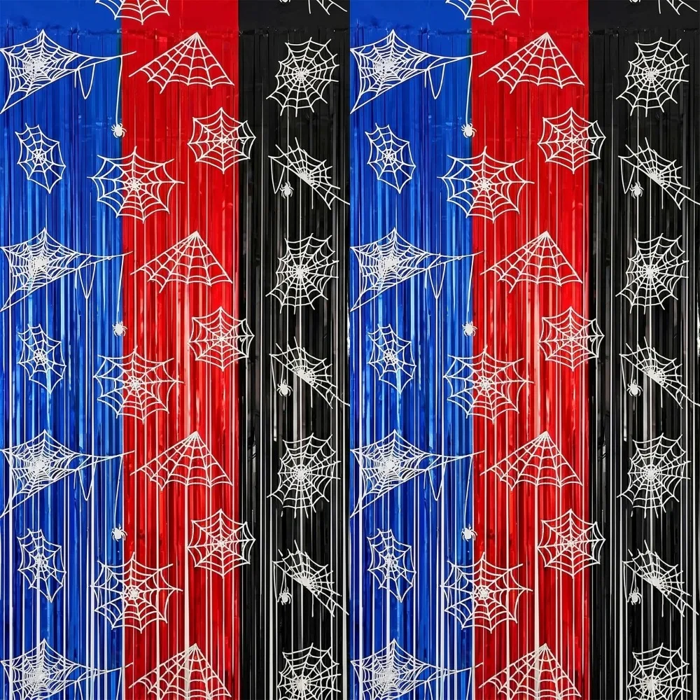 1 Stück 1x2 Meter Rot-Schwarz-Blaues Spinnennetz Regenvorhang für Geburtstagsfeiern Halloween-Überraschungen Geisterfest Karnevalsdekoration – Detail 1