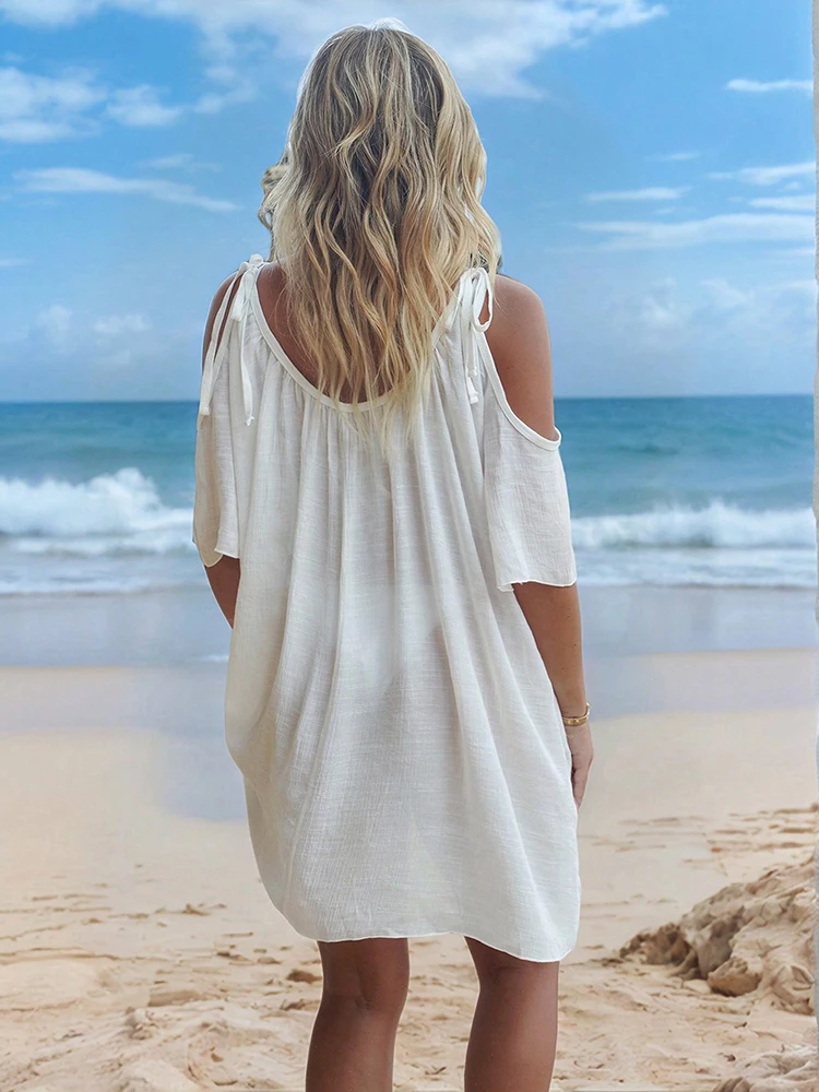 Luźna narzutka plażowa damska na wakacje nad morzem, strój kąpielowy, okrągły dekolt, bez ramiączek, luźna sukienka wkładana przez głowę, ochrona przeciwsłoneczna, odzież plażowa.