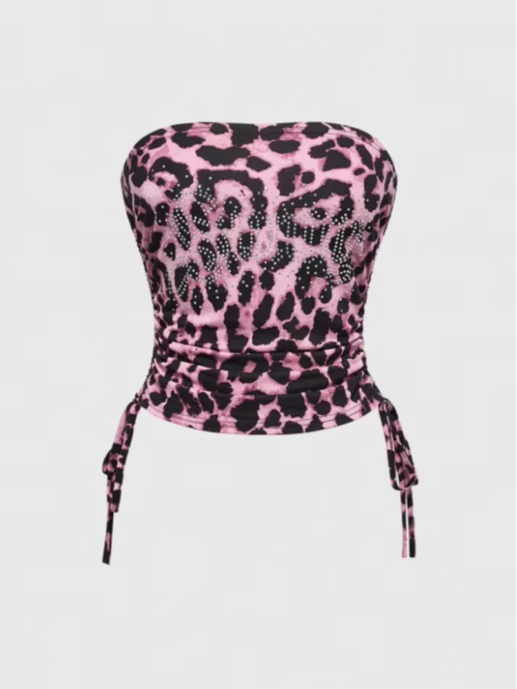 Y2K High Street Slim Classic Strapless Backless Tank Top American Retro Spicy Girl Leopard Print Patchwork Fashion Top For Women