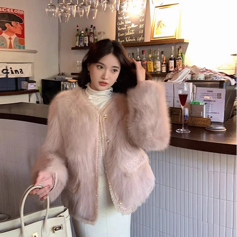 인조 모피 코트 여성용 모피 재킷 솔리드 포켓 라운드 넥 긴 소매 싱글 브레스티드 루즈 캐주얼 오피스 레이디 2025 가을 겨울