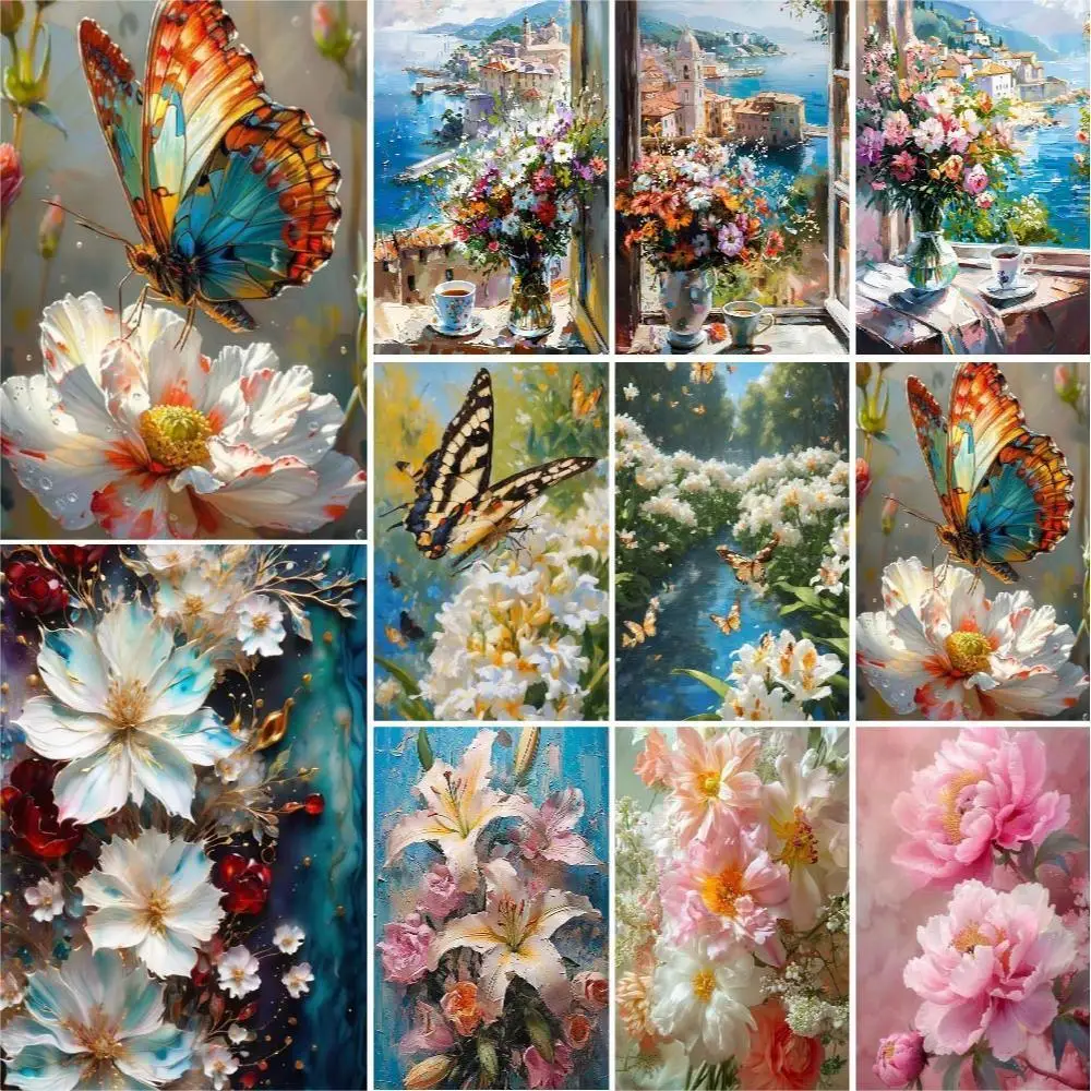 Diy Oil Painting Kits Butterfly Flower Canvas Picture With Drawing By Number Seaside Window Adults Acrylic Paint By Numbers