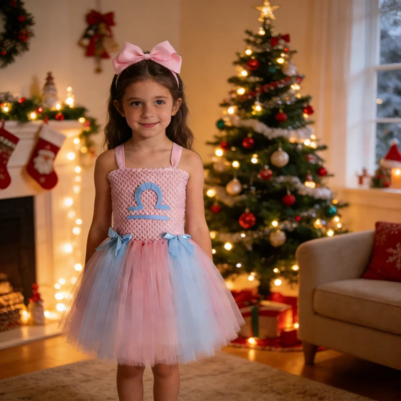 

Baby Pink Blue Libra Tutu Dress for Girls Birthday Halloween Outfit New Years Clothes for Kids Zodiac Signs Princess Costumes
