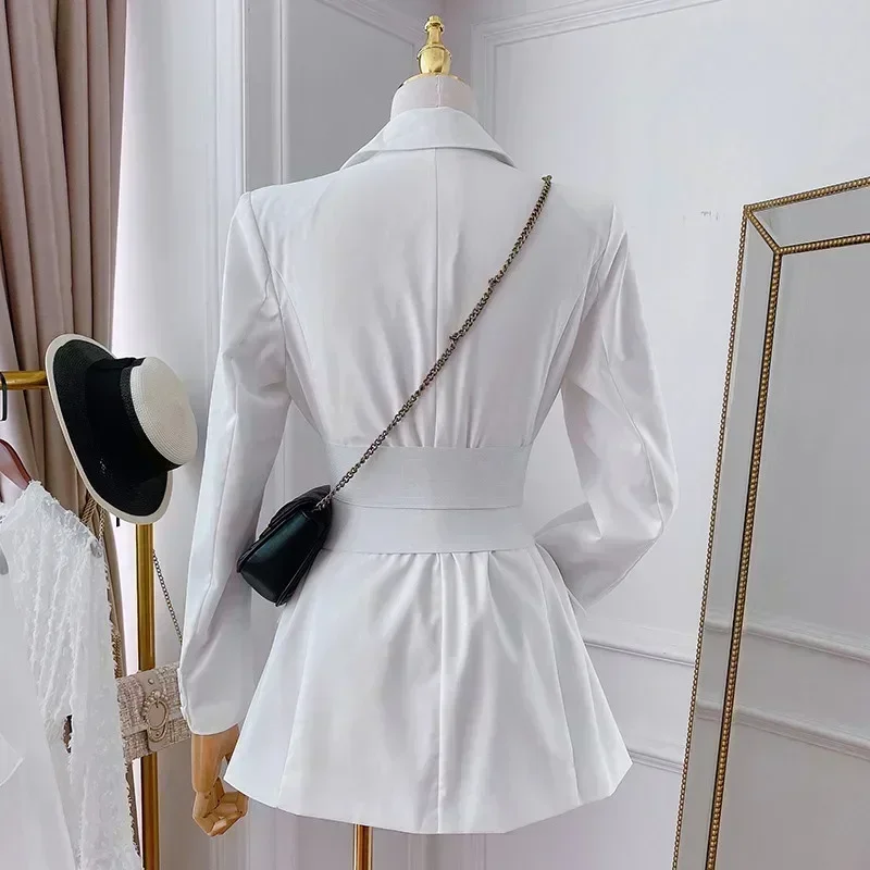 2024 New Fashion Runway All Season Women Notched Long Sleeve Coat Metal Button Waist Shaping Black White Corset Blazer